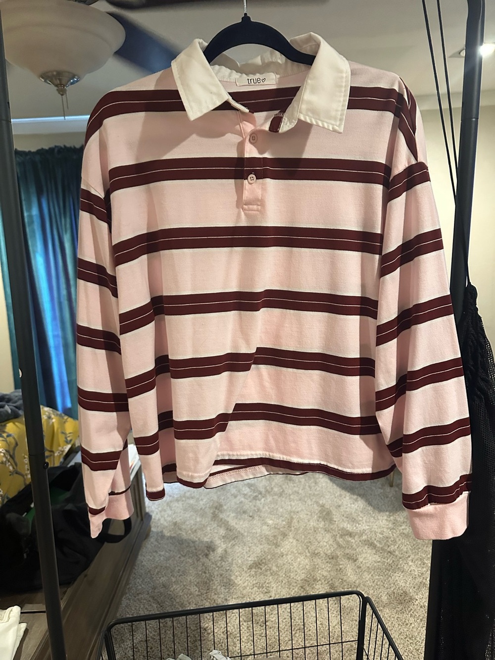 Pink Striped Polo Top with Burgundy Stripes -